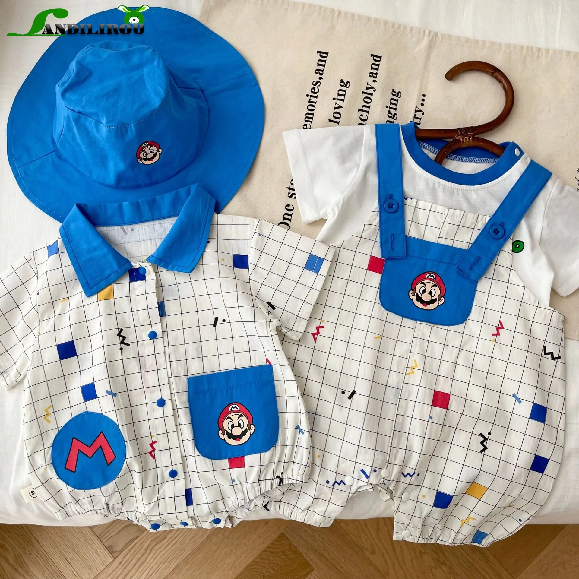 2023 summer new in newborn baby boys cartoon bodysuits short sleeve plaid overalls 98% cotton t-shirts infant kids clothes