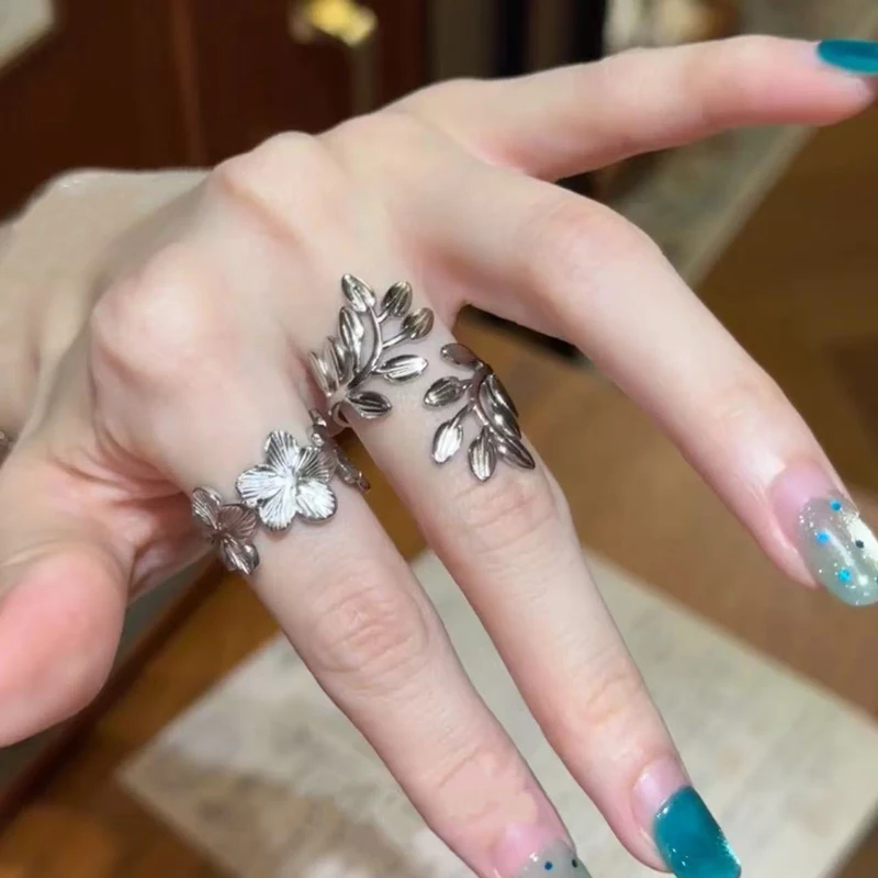 Stainless Steel Flower Leaf Open Ring for Women Exquisite Sweet Floral Finger Ring Vintage Casual Daily Versatile Jewelry Gift