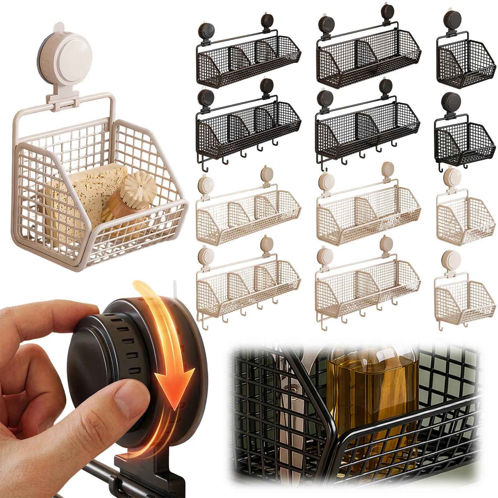 Wall Hanging Storage Basket Suction Cup No Drill Iron Wire Kitchen Vintage Organizer Rack Shelf