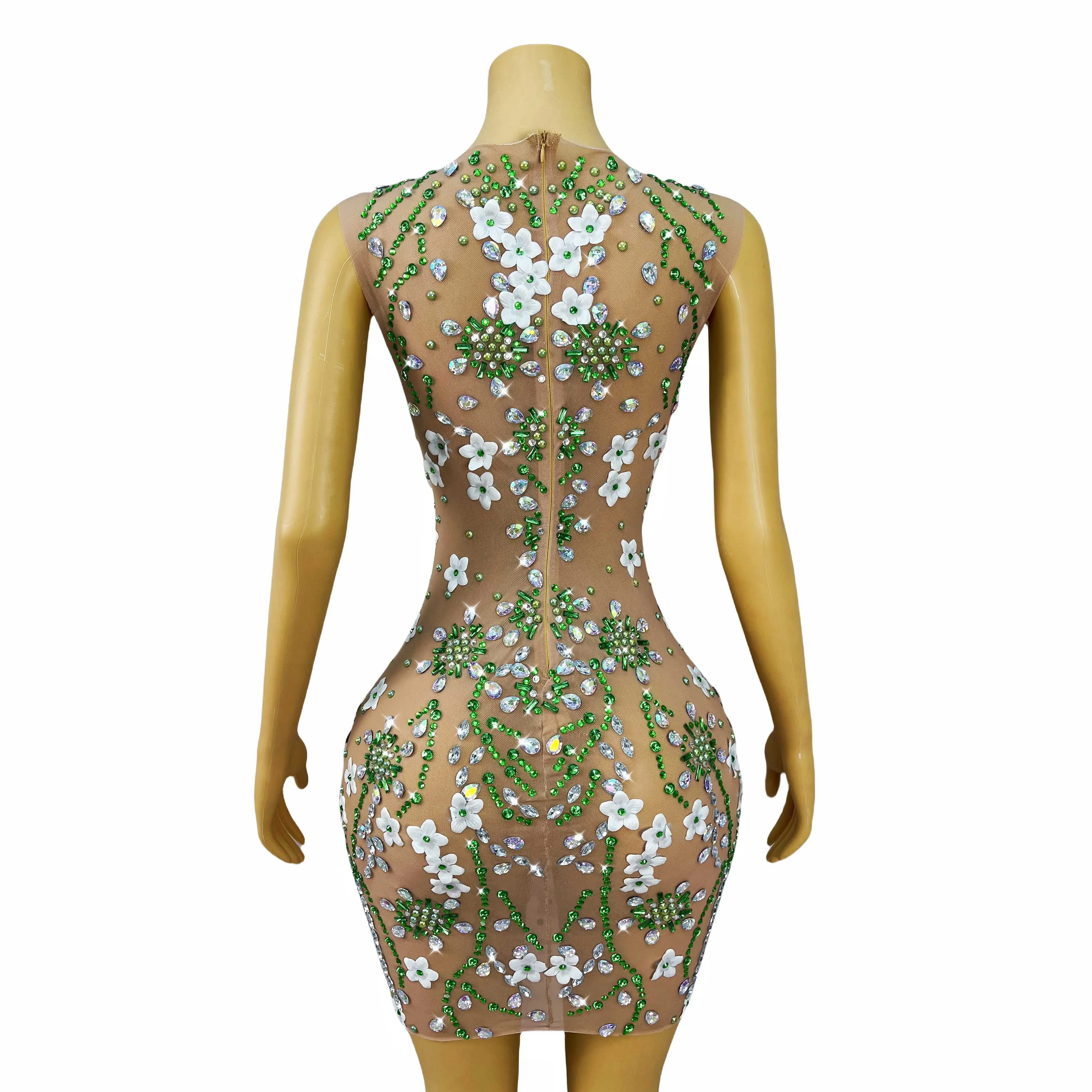 Mulheres cocktail festa mostrar tapete vermelho vestido realizar traje elegante flores brancas brilhantes strass sexy vestido de malha nua