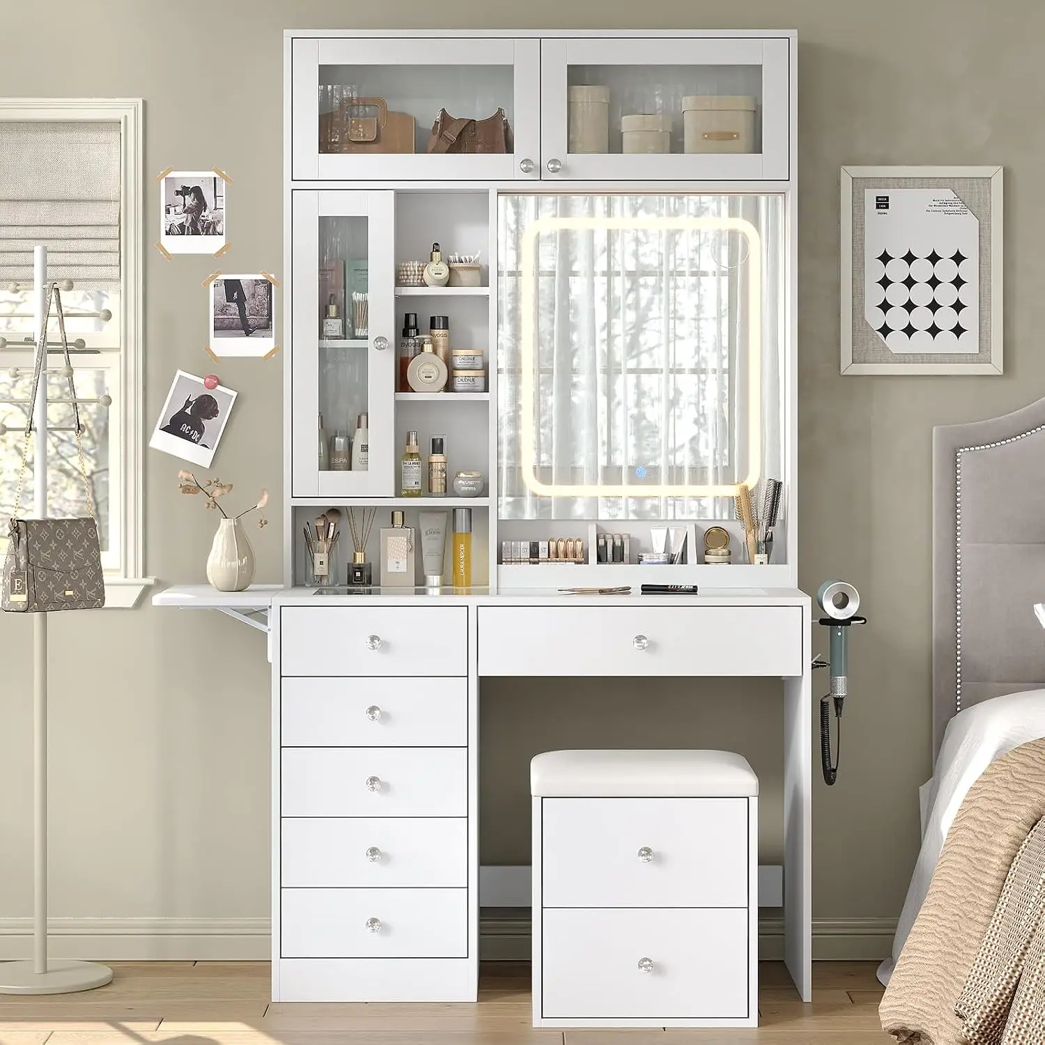 72'' Tall Vanity Desk with LED Mirror, 6 Drawers Makeup Vanity with Charging Station, 2 Transparent Cabinets & 3, Customized
