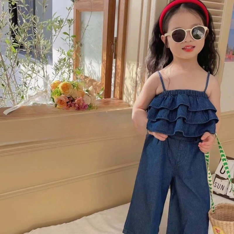 Korea 2024 Summer Fashion Kids Clothes for Girls Cake Hemline Suspender + Wide Leg Pants 2 Piece Set Denim Suspenders Dress Suit