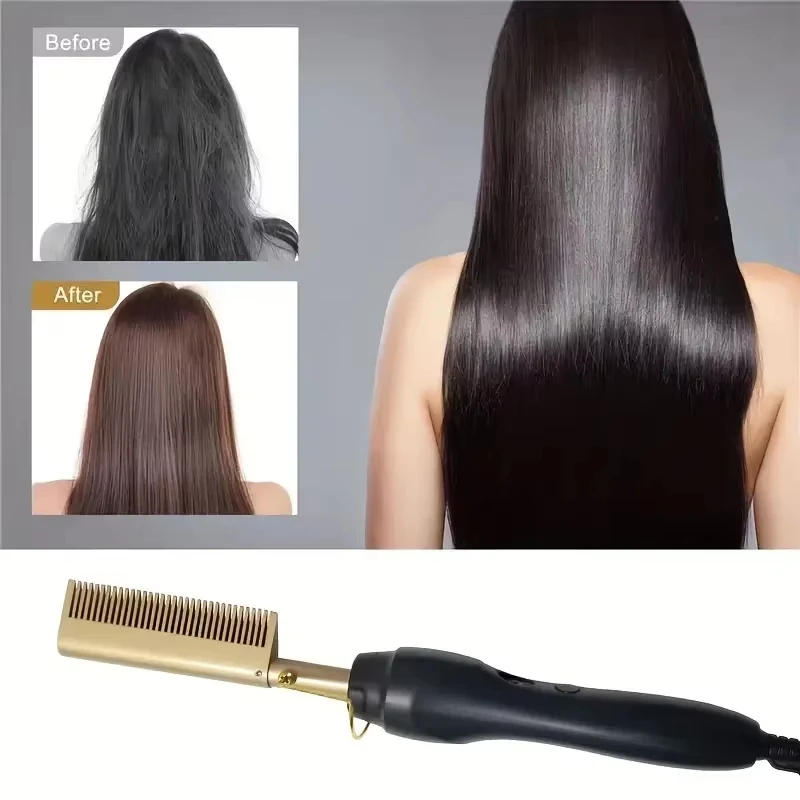 Multi Functional Electric Copper Comb Straightener, Dual-purpose for Comb, Perm Stick, Curly and Straight Hair