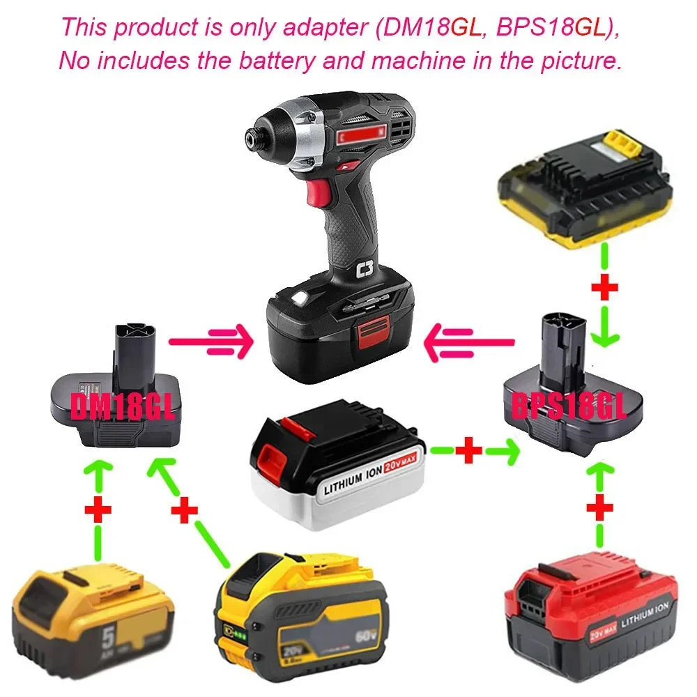 

DM18GL BPS18GL Adapter for Dewalt Milwaukee Black Decker Porter-Cable Stanley Lithium-Ion Batteries for Craftsman 19.2V Tools