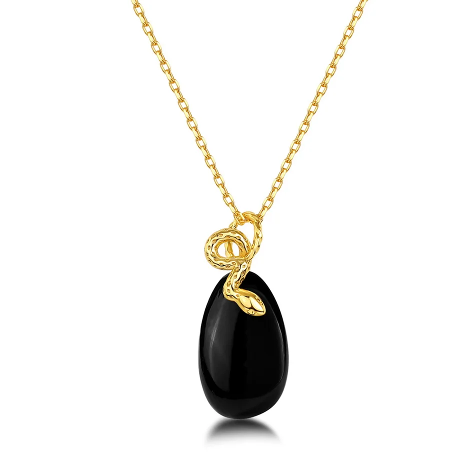 

ALLNOEL 925 Sterling Sliver Pendant for Women Natural Black Agate Gemstones Snake Animal Unique Chic Party Gift Fine Jewelry