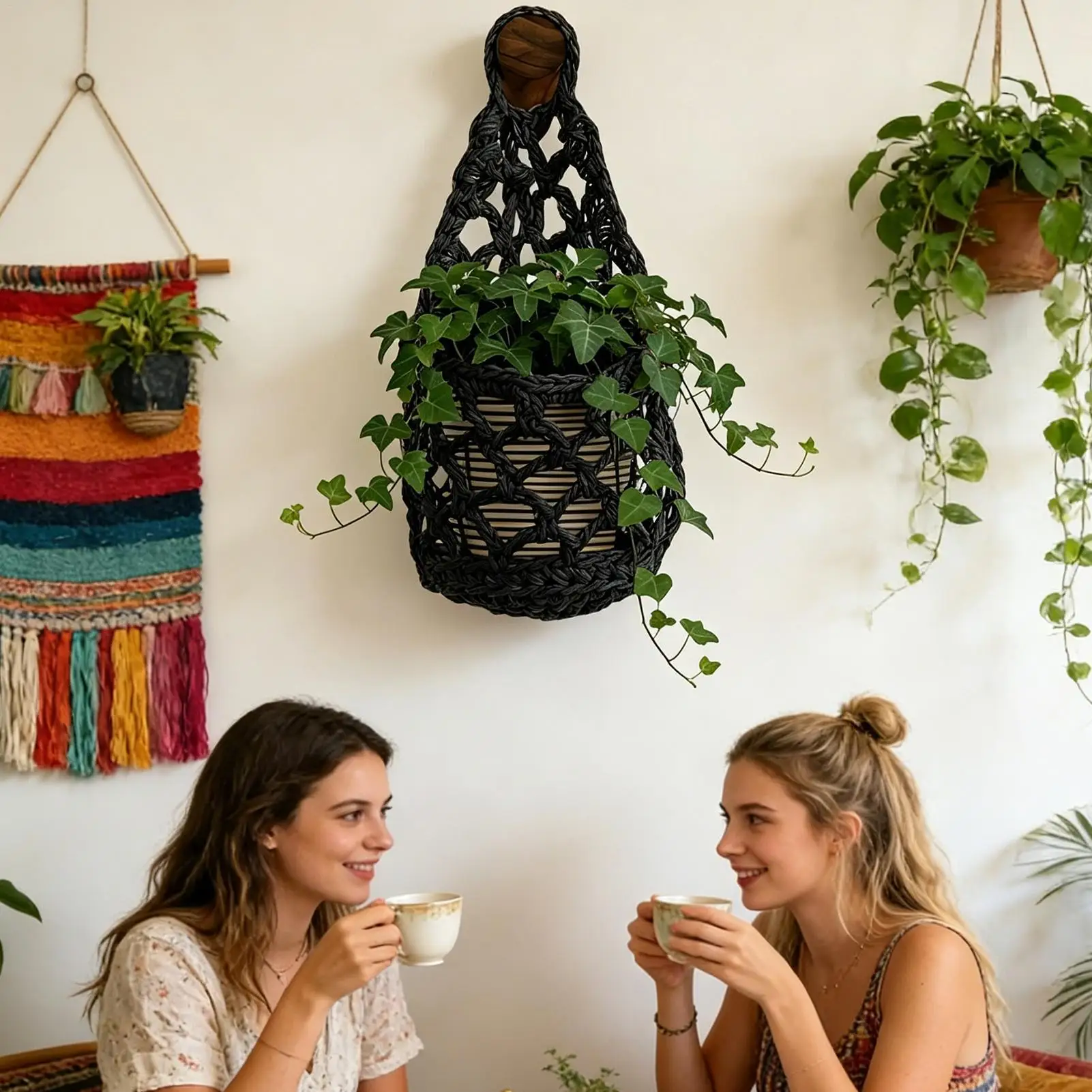 Boho Macrame Plant HangerBasket for Succulents Cotton Rope Woven Hanging Basket with Net Pouch Home Decoration Organizer