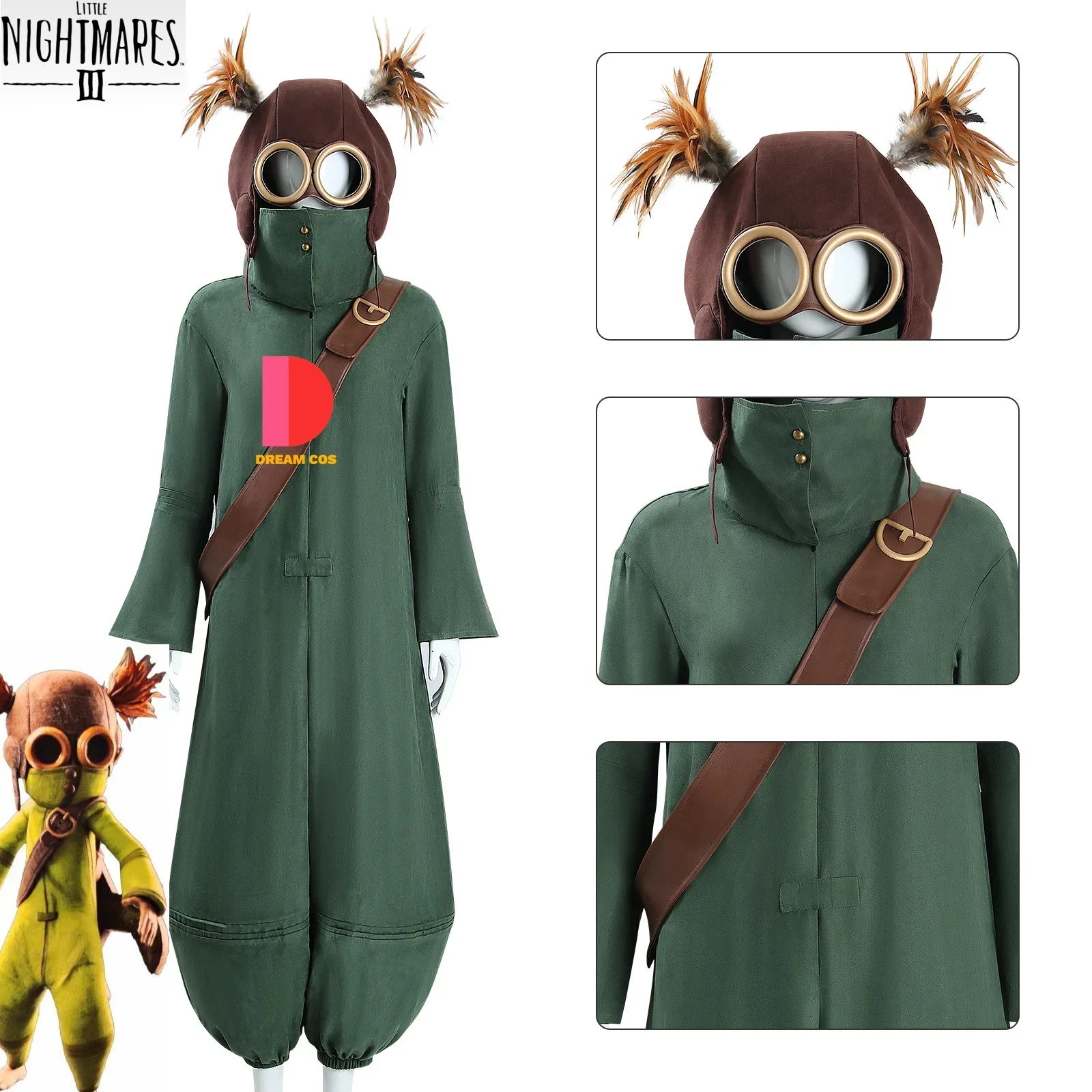 Little Nightmares III 3 Alone Cosplay Costume Green Jumpsuit Hat Cap Head Cover Bag Helmets Glasses Halloween Party Outfits