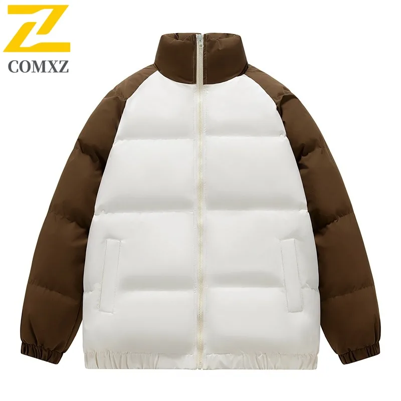 COMXZ Men Padding Coat Stand Collar Cold Proof Winter Jacket Color Block Windproof Zipper Pocket Casual Thickened Outerwear