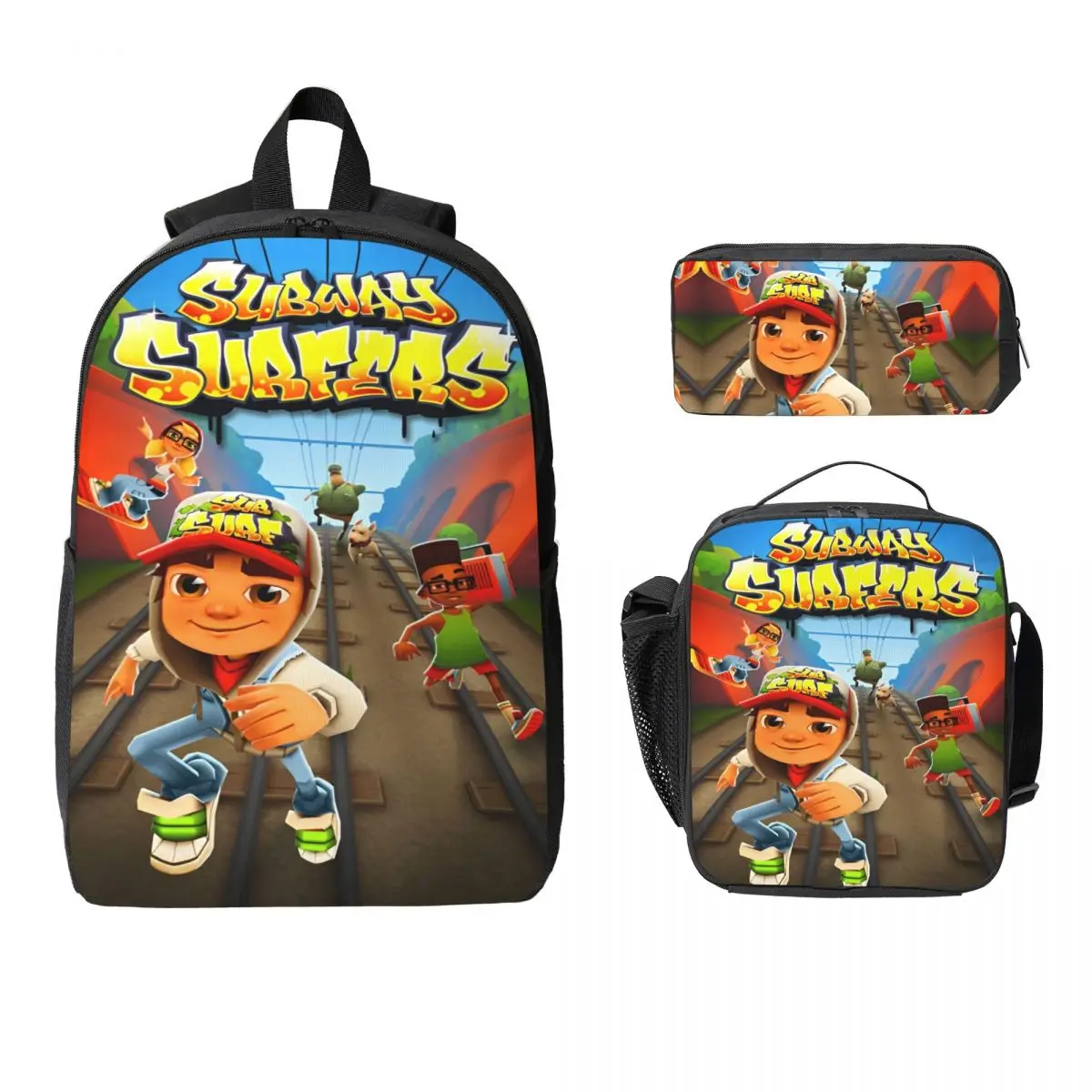 Subway Surfers-mochila divertida para niños, fiambrera, bolsas para bolígrafos, mochilas para niños y niñas, conjunto de mochila escolar ligera