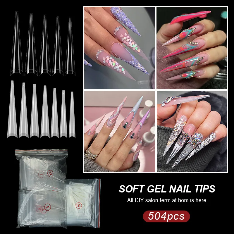 504pcs or 312pcs extra long T-shaped fause nail art patch transparent fake nail art tips C arc ultra-thin seamless extension