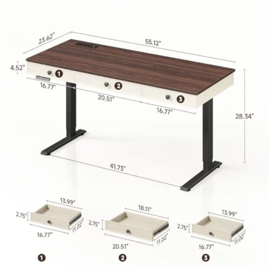 55 Electric Standing Desk with 3 Drawers for Home Office, Steel Frame, Matte Black, Quiet Dual-Motor Height Adjustment