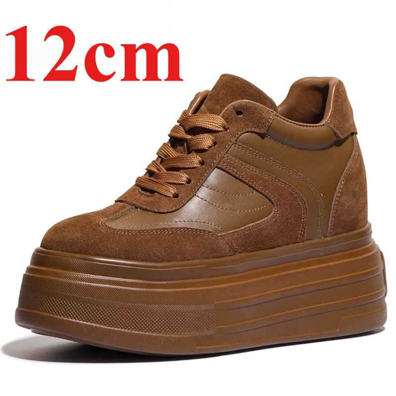 Genuine Leather 14cm Elevator Brown Casual Board Shoes for Women's Outdoor Chunky Sneakers Thick Soled Height Increasing Shoes