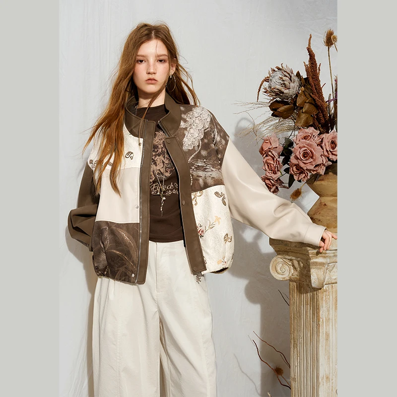 ELFSACK Women's Vintage Patchwork Jacket with Deer Floral Print, Loose Stand Collar Outerwear for Everyday Casual