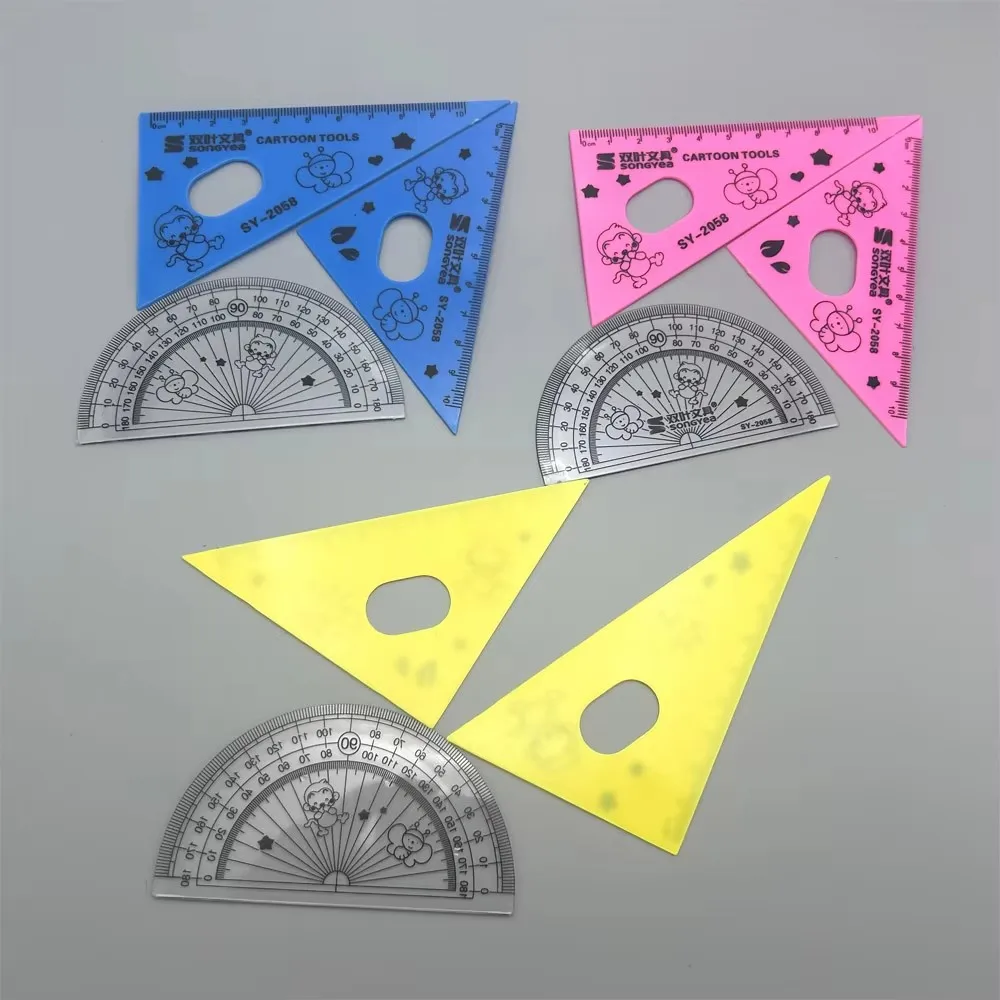 3 juegos de reglas creativas, juego de reglas de dibujos animados, suministros, 3 uds. Para 1 Juego de herramientas de dibujo para estudiantes, papelería, transportador triangular