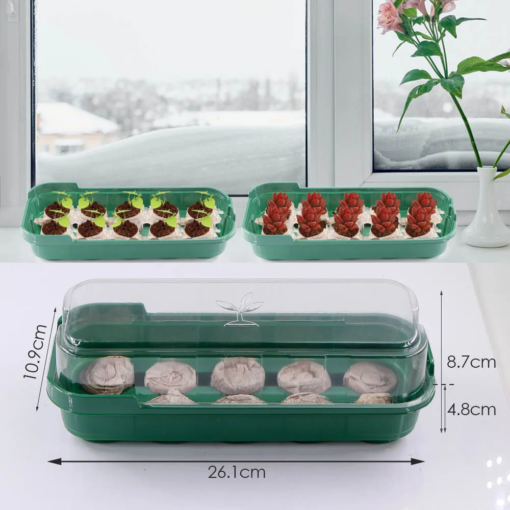 10 Cells Germination Box w/ Transparent Cover Nursery Seedling Trays Indoor Garden Greenhouse Growth Pots Starters Keep Humidity