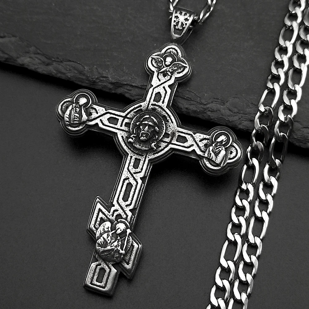 

Hiphop Jesus Cross Pendant Necklace For Women Men Stainless Steel Black Retor Vintage Male Christianity Chain Jewelry Gifts