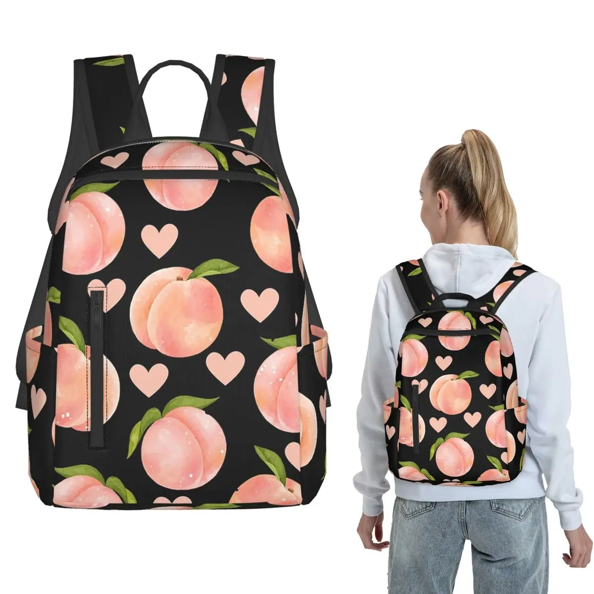 

Cartoon Peach Fruit Pattern Backpack Large Capacity Boys Girls BookBag School Bag Shoulder Bags for Men Women