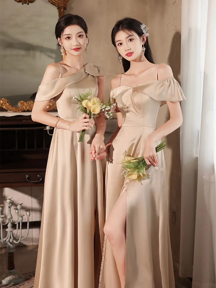 

Свадебное платье подружки невесты цвета шампанского для женщин, летние атласные вечерние платья с открытыми плечами, 2026, новые вечерние платья с разрезом