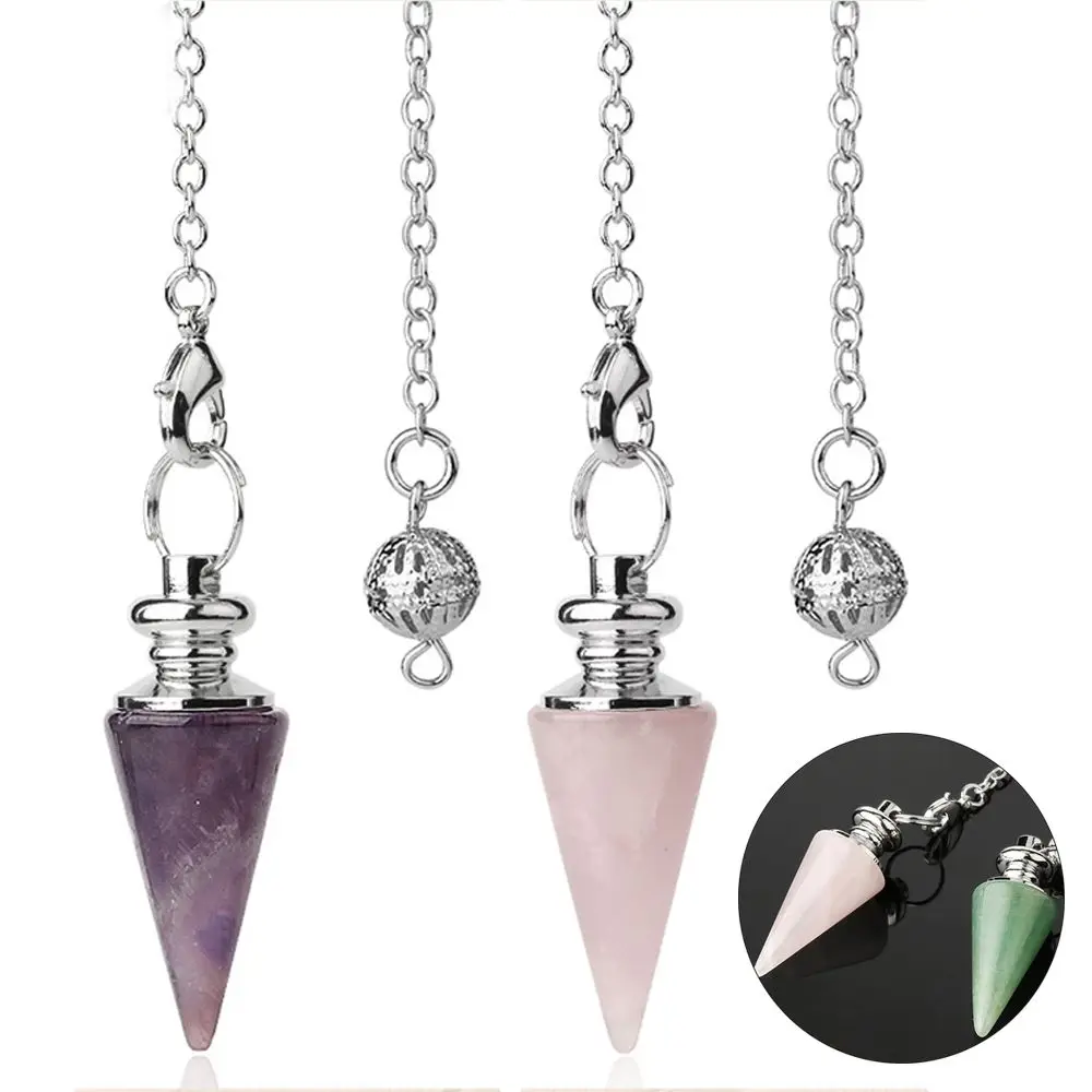 Fashion Jewelry Natural Stone Chain Crystal Pendants Rose Quartz Conical Pendulum Healing Crystal Amulet Reiki Pendulum Pendant