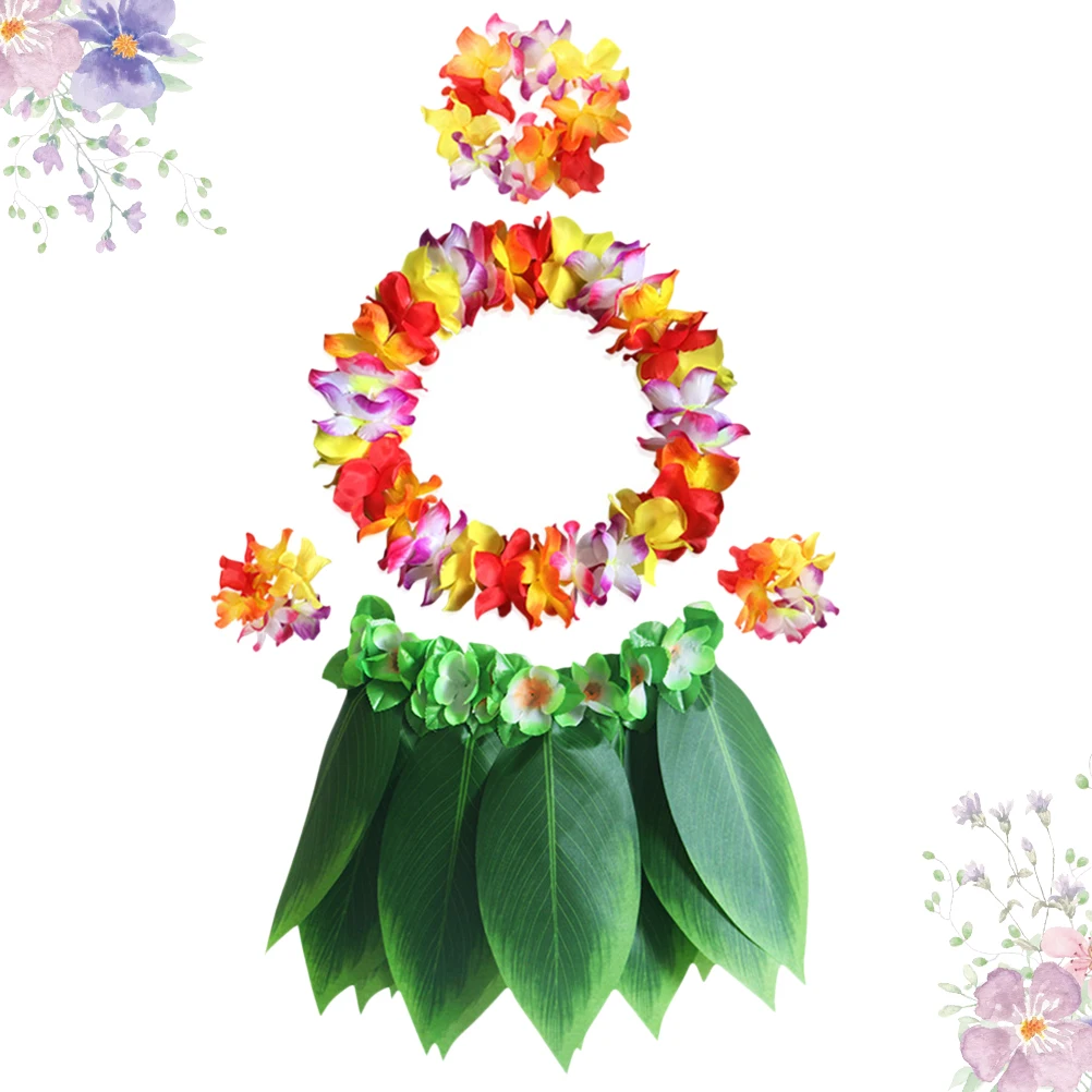

5 Pcs Hawaiian Clothing Sets Leaf Skirt Garland Luau Party Decoration Supplies Leis Make