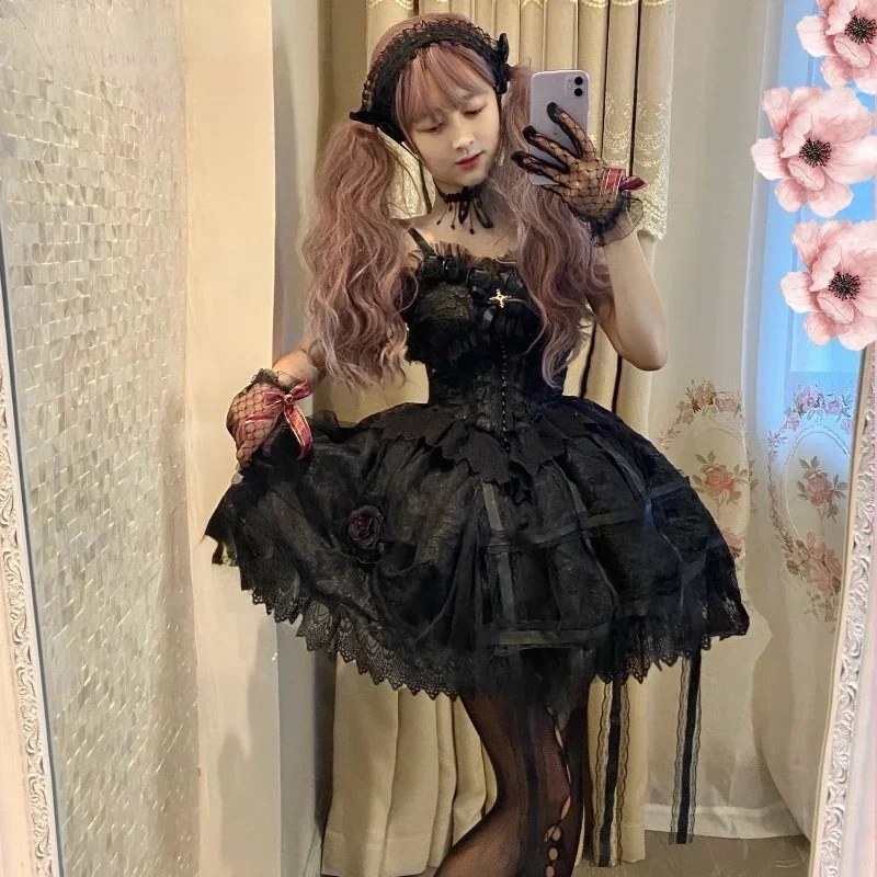 Japońska wiktoriańska sukienka Gothic Lolita w stylu Vintage dziewczyna urocza koronka różowe dla księzniczek przyjęcie świąteczne sukienki kobiety ciemne sukienka na ramiączkach Cosplay