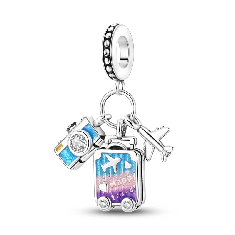 925 Sterling Silver Camera Luggage Plane Charms Pendant Fit Original Bracelet DIY Women Valentine'S Day Jewelry Gift