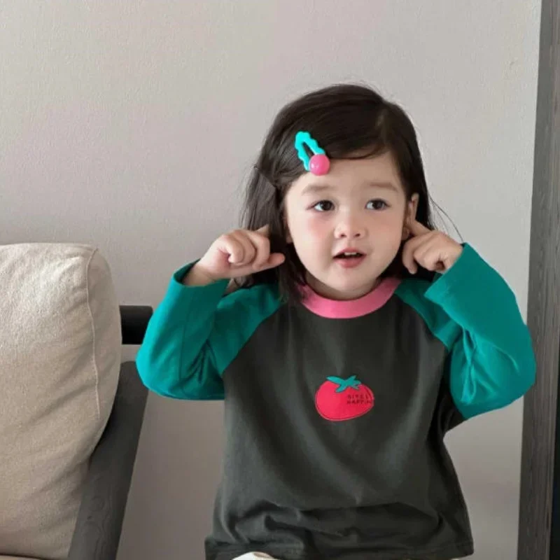 

Color Block Toddler 1-3Y Girl Sweatshirt Cute Cartoon Strawberry Print Autumn New Long Sleeve Pullover Casual Top