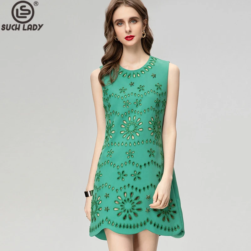 

Women's Runway Dresses O Neck Sleeveless Embroidery Hollow Out High Street Fashion Mini Designer Vestidos