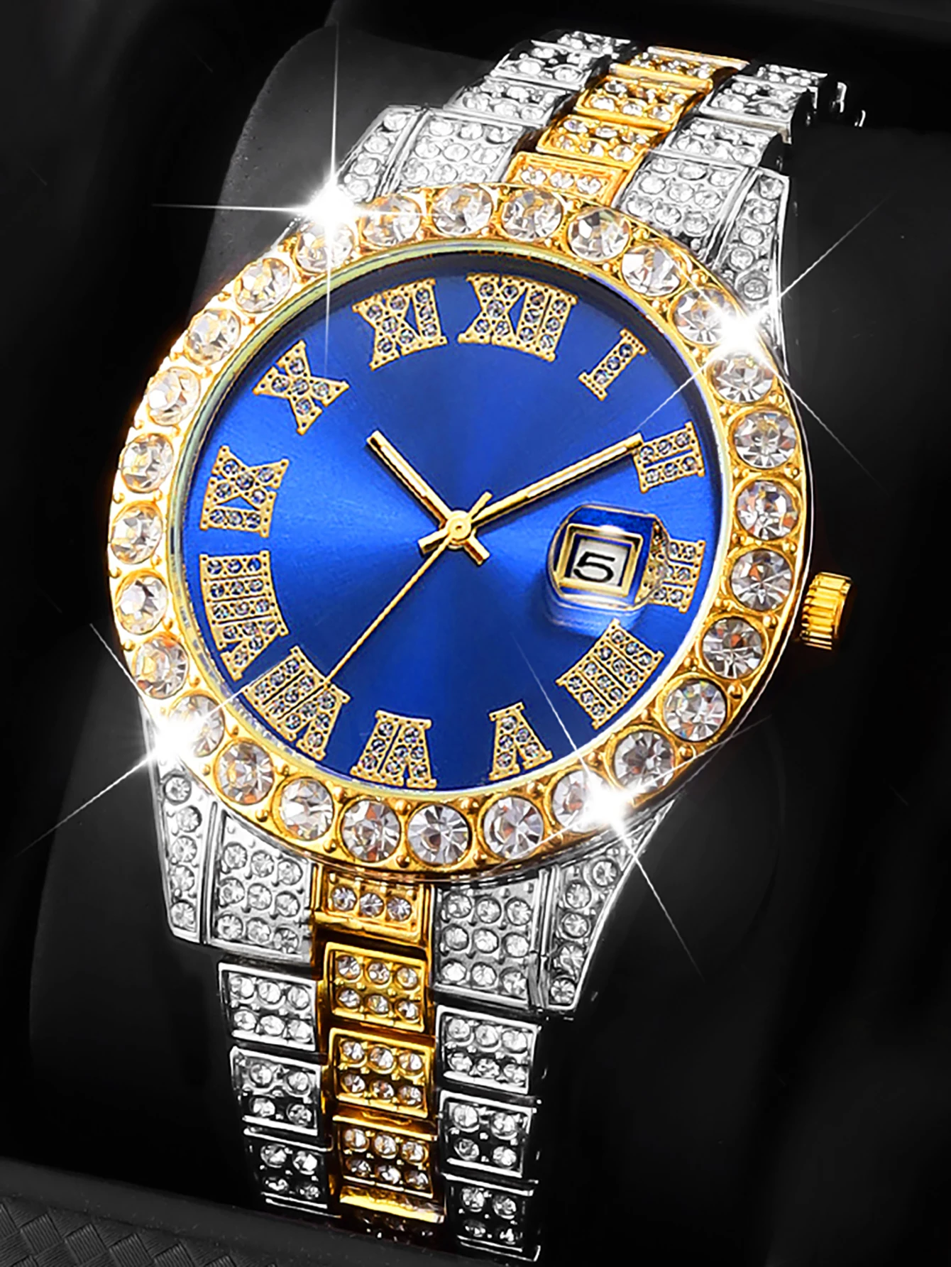 ساعة كوارتز رجالية مع سوار هيب هوب كلاسيكي وقلادة ووظيفة التقويم وملابس الحفلات وصندوق متوافق غير متضمن #4