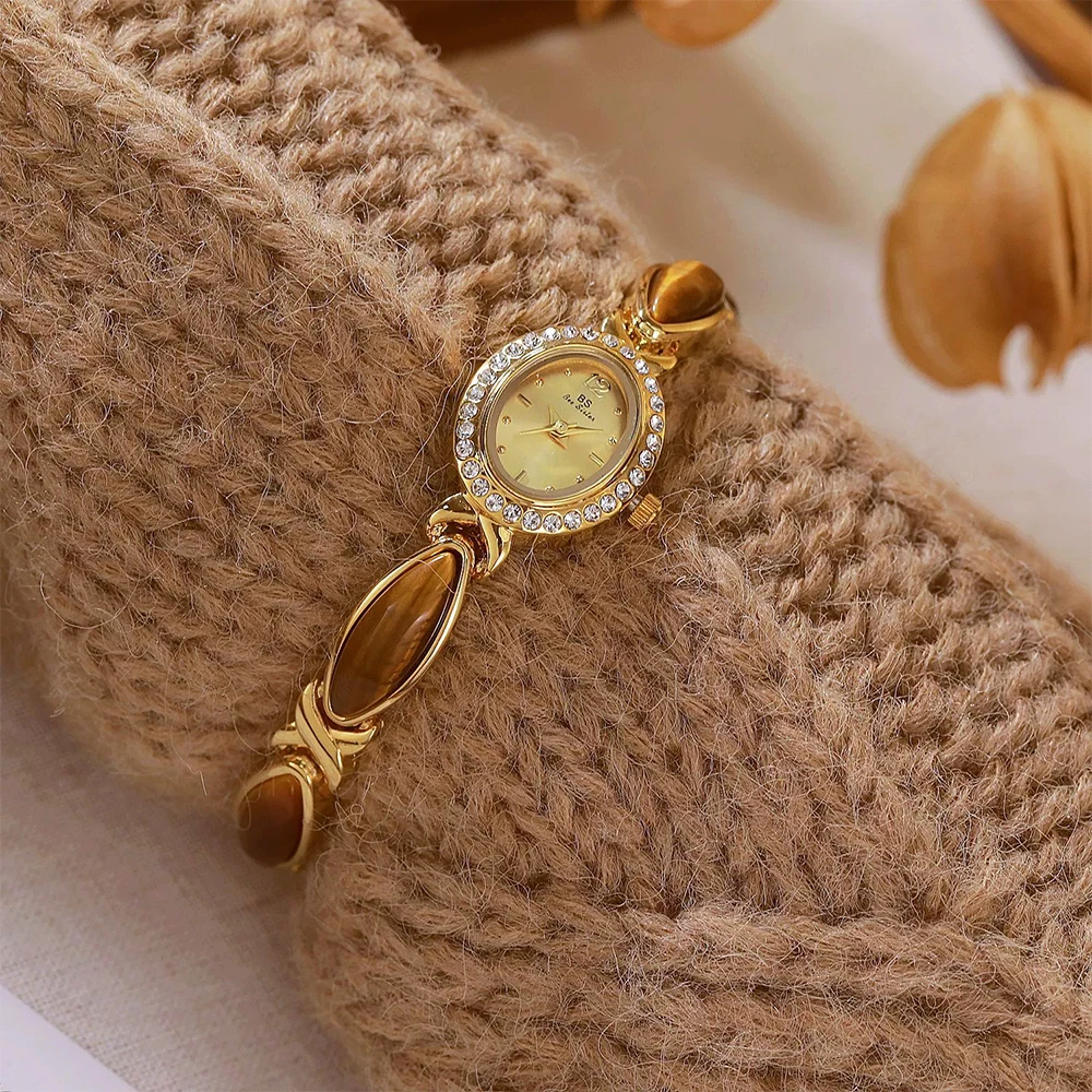 BS New Natural Tiger Eye Stone Chain Watch Ladies Elegant Waterproof Vintage Quartz Women Watches Clock Gifts