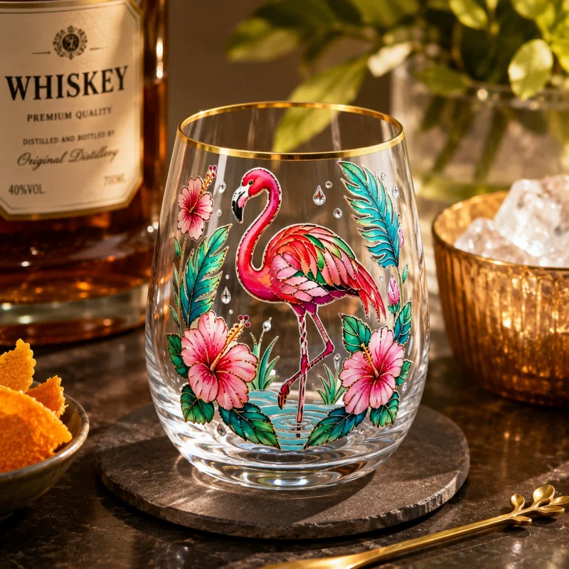 Tropical Flamingo Beer Glass Gold Rim Stemless Tumbler Hibiscus Floral Decal Craft Cocktail Cup Summer Bar Drinkware Gift Decor