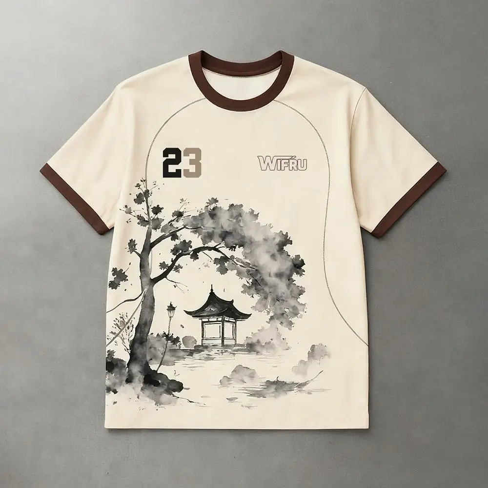 Traditional Ink Painting Graphic Football T-shirt WIFRU Japanese Anime Style Sports Training Jersey Men's Breathable Casual Tops