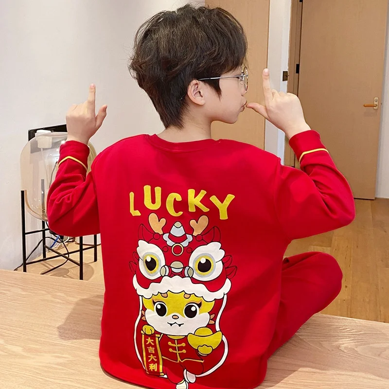 Spring Autumn Children Pajama Set Cute Cartoon Loose Comfortable Red Long Sleeves Trousers Children\'s Lounge wear