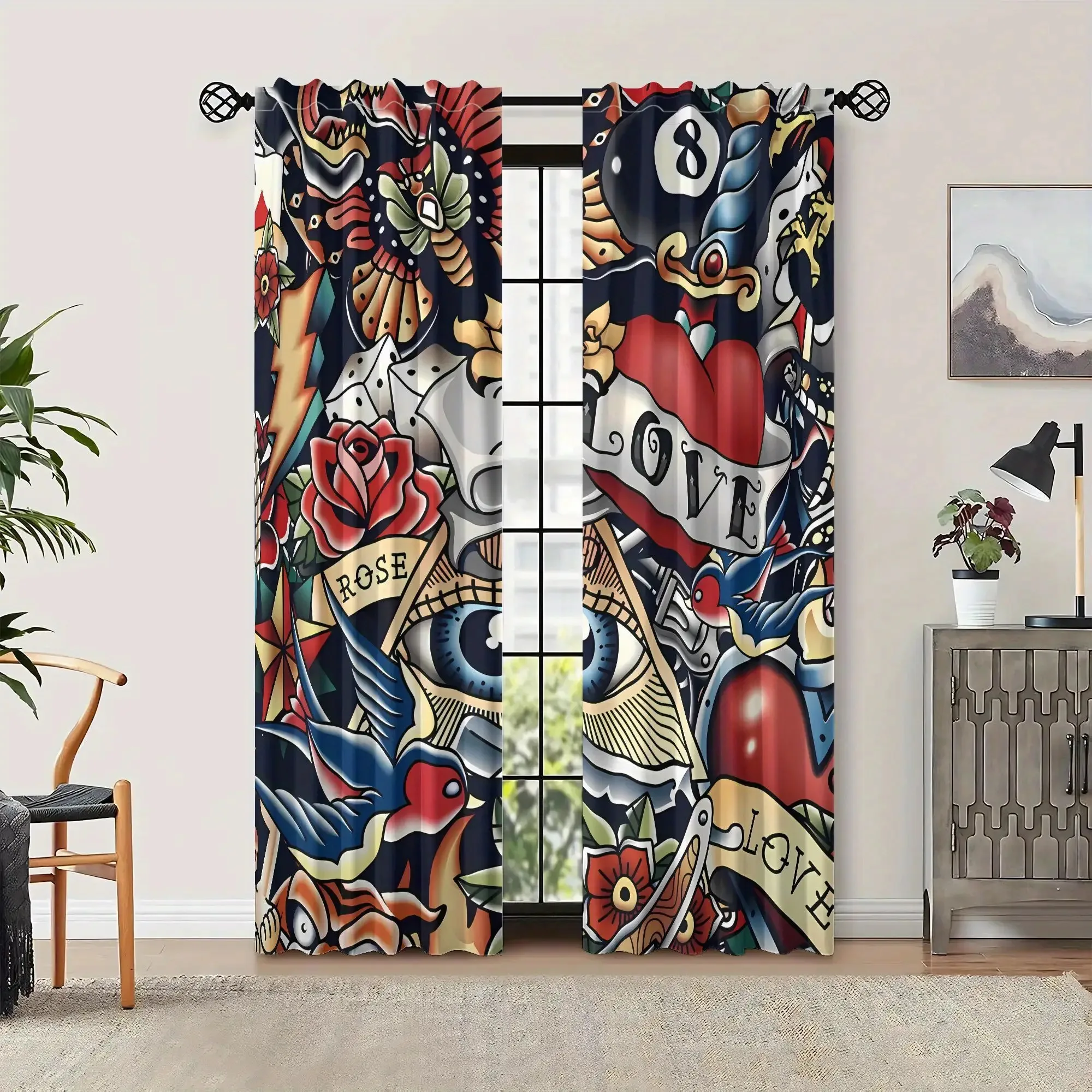 American Traditional Tattoo Art Blackout Curtains  Vintage Old School Rose Skull Graphic Window Drapes for Living Room Bar Decor