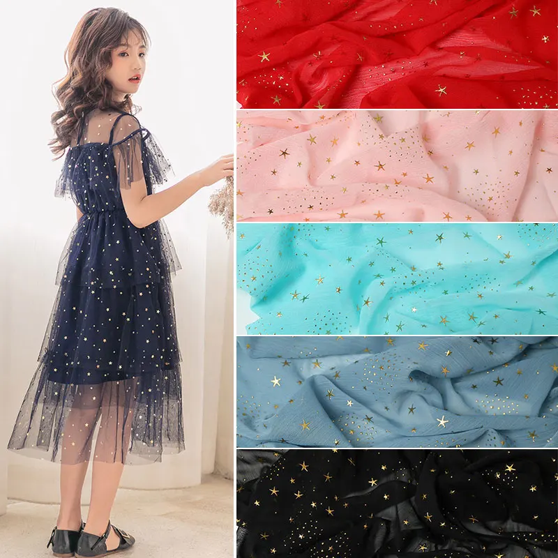 1m Sterne Muster bron zierten Krepp Chiffon Stoff zum Nähen Kleid DIY Kleidung Hanfu Material Heiß prägung Prozess Sterne Muster