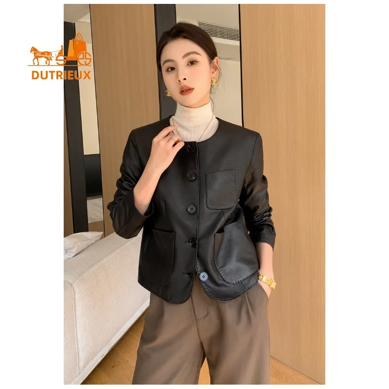 2025 New Autumn Women's Short Handmade Leather Jacket, Fashion and Elegant 100% Real Sheepskin Slim Coat for Women