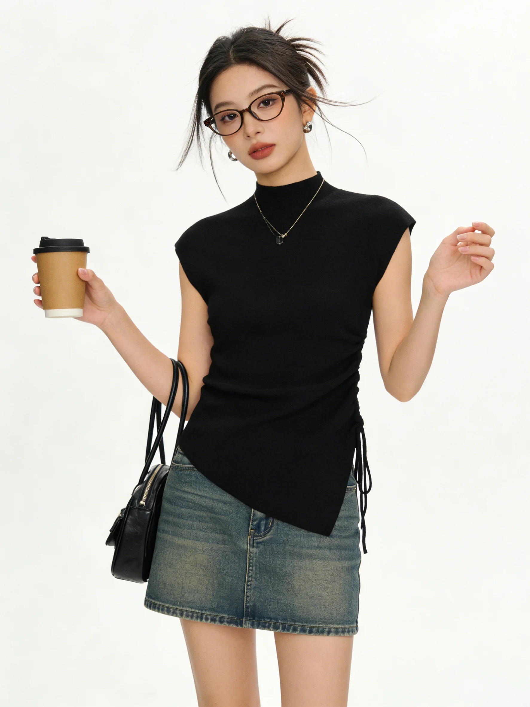 Retro Korean Style Drawstring Slim Fit Sleeveless Knitted Top for Women in Black Half High Collar Commute Friendly Comfortabl...