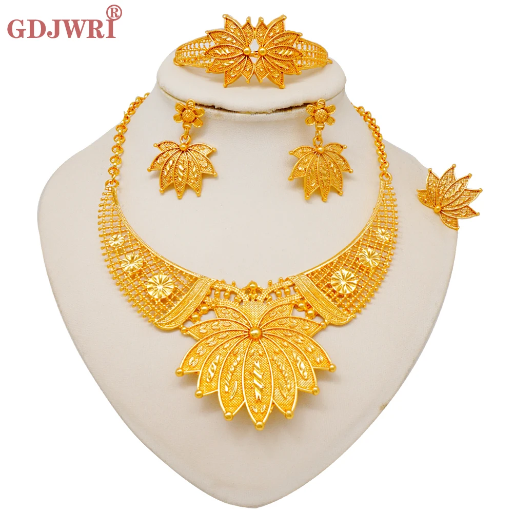 

Dubai 24K Gold Plated Flower Necklace Set African For Women Banquet Jewelry Set Bridal Wedding Accessories Gift Jewellery