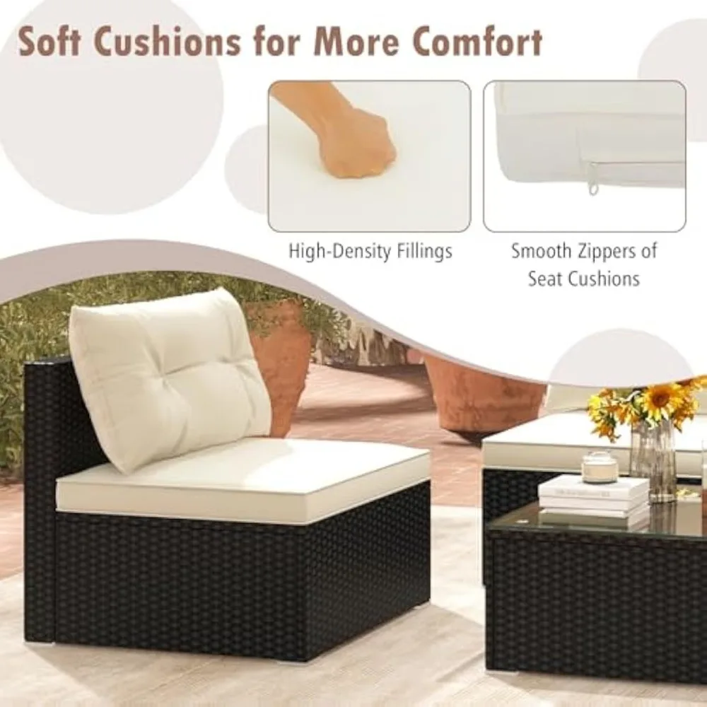 Set Sofa rotan, Set furnitur anyam luar ruangan dengan bantal kursi & belakang, meja kopi kotak, Set Sofa teras