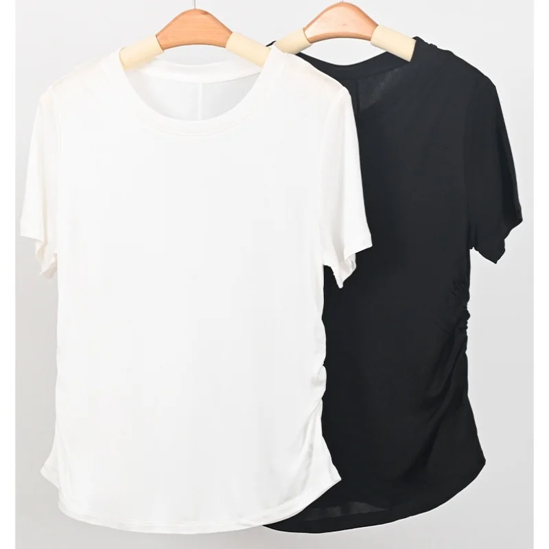 تي شيرت Birdtree 20% حرير 80% فسكوزي أساسيات صلبة ، تي شيرت نسائي بأكمام قصيرة ورقبة دائرية وخصر ملابس علوية ناعمة T59208JF