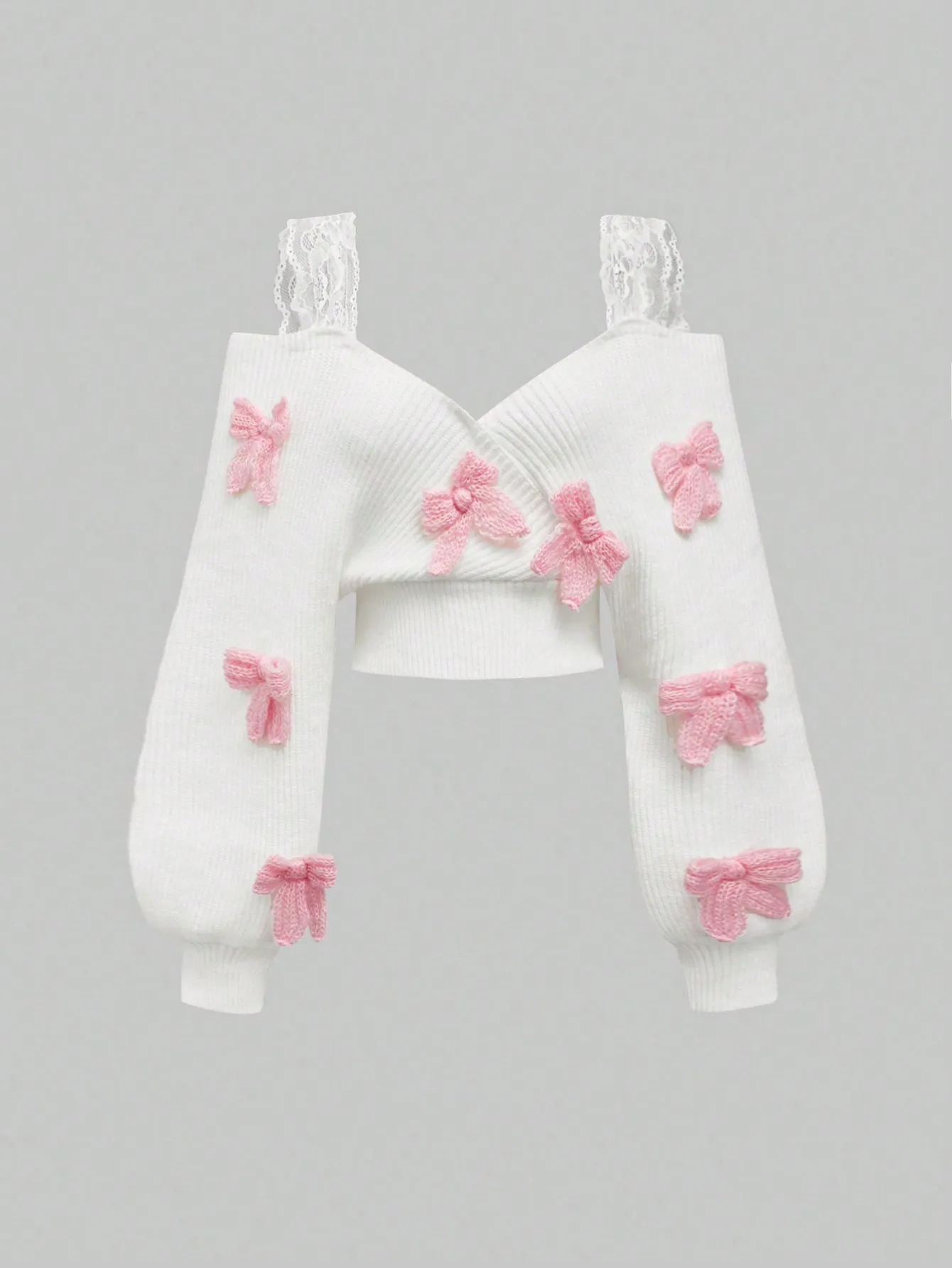 

White V-Neck Slouchy Sweater with Pink 3D Bows & Lace Straps, Kawaii Himekaji Style