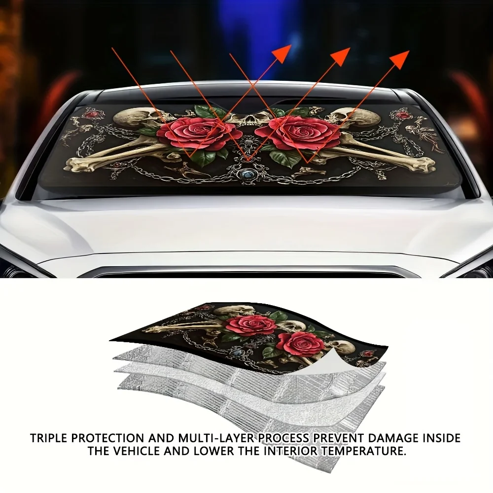 1pc Halloween Rose Skull Design Car Windshield Sun Shade Universal Fit for Front Windows Keeps Your Vehicle Cool Stylish