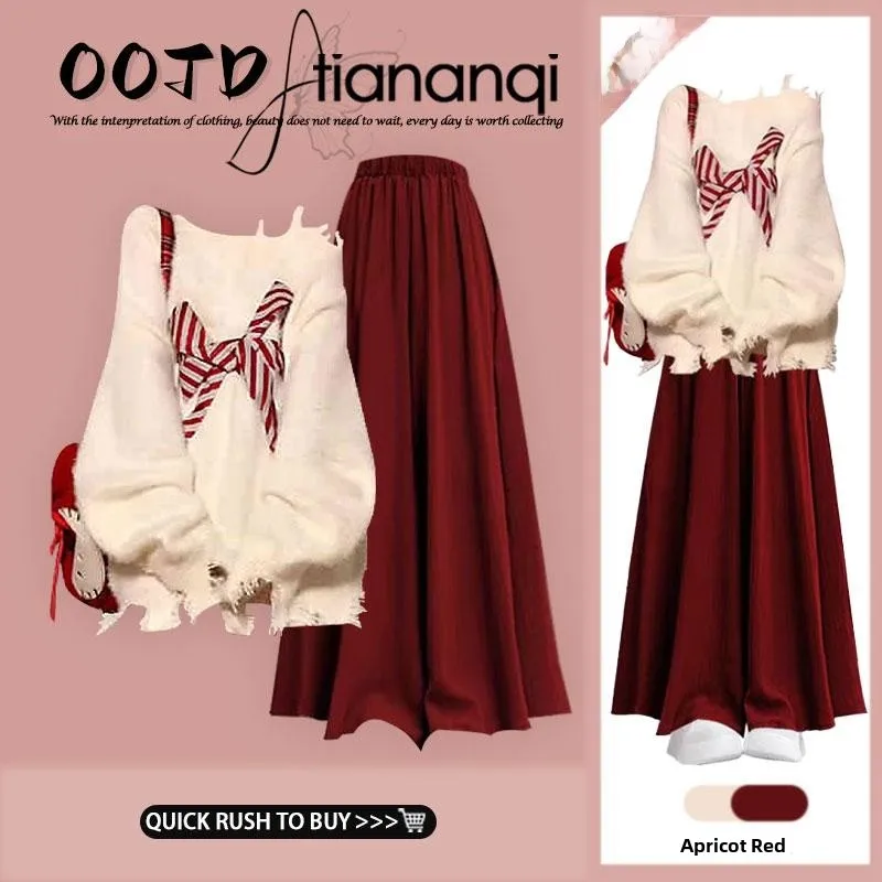 

Red High Waist Sweater And Skirt Set with Bow Knot Camere College Sle Gentle Faion Two-Piece Ensemble Long Sve Crew ...
