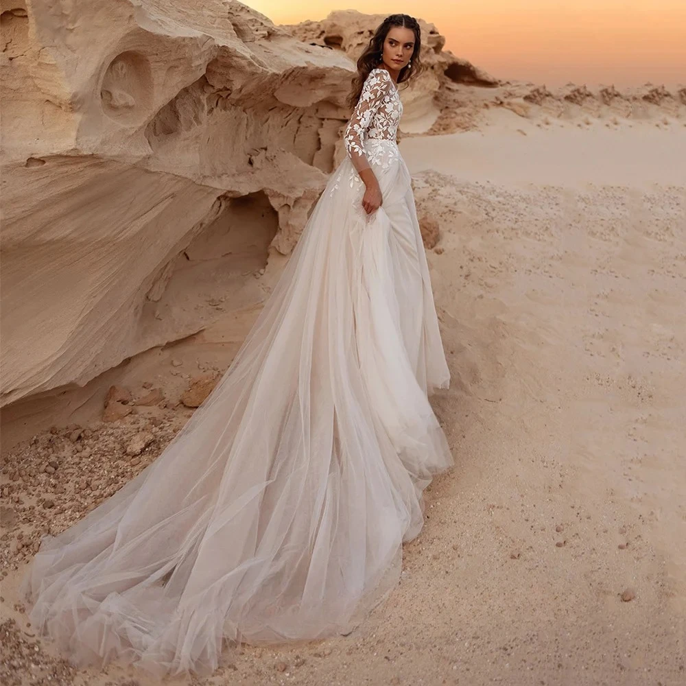 Charming A-line Wedding Dresses Long Sleeves V Neck See Through Applique Tulle Sweep Train Bridal Gowns Vestido De Noiva