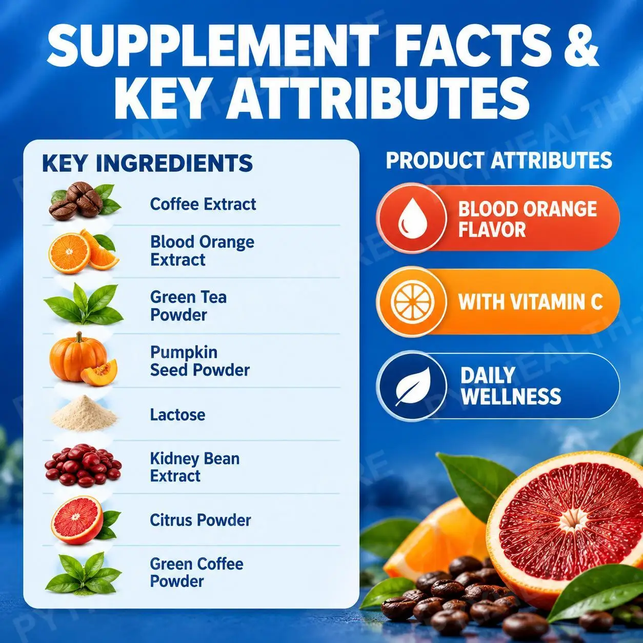 L-Carnitine Orange Black Coffee Powder with Blood Orange, Citrus Fiber, Vitamin C & Green Tea for Energy Metabolism Support