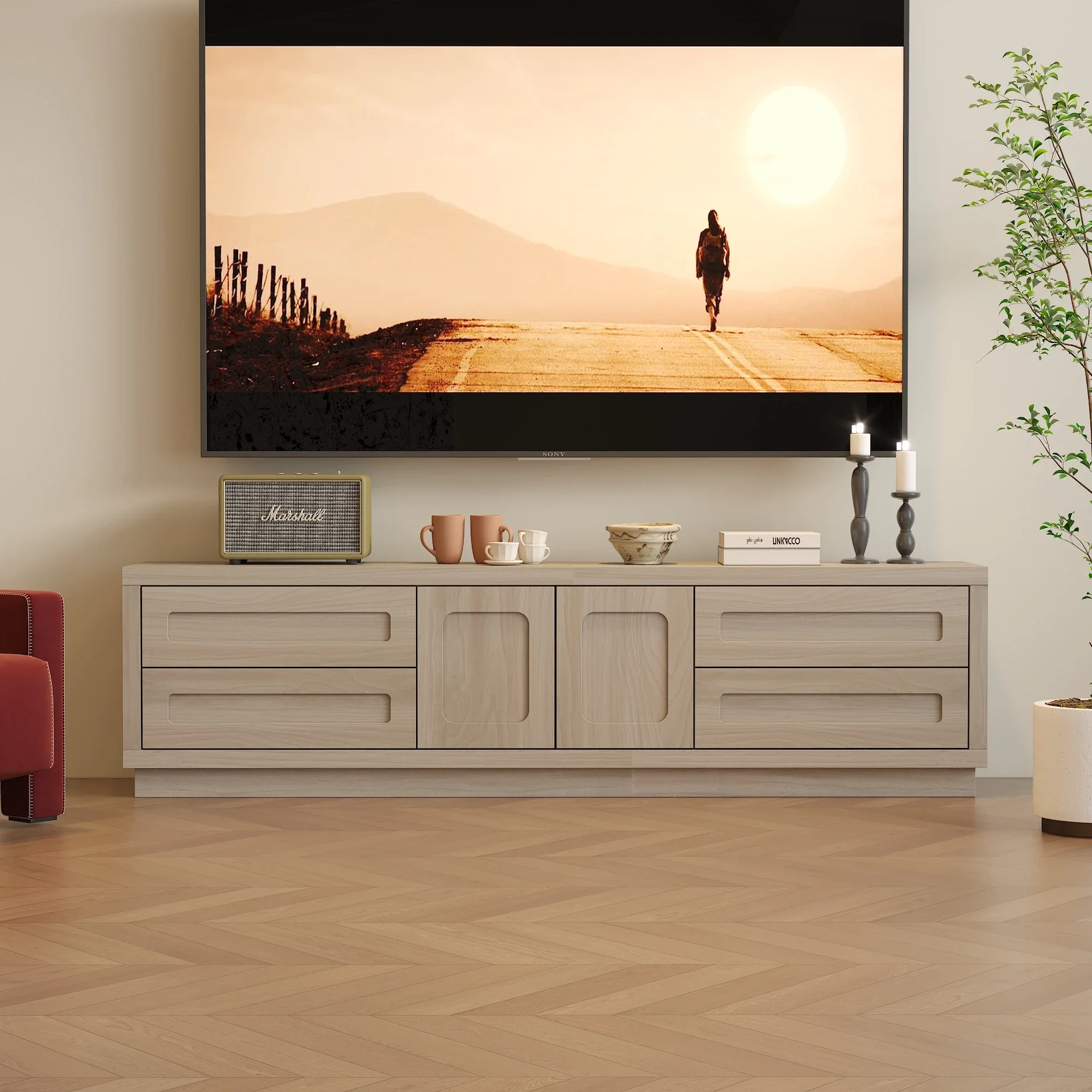 TV Console Cabinet with 2 Doors & 4 Drawers, Farmhouse Entertainment Center with Fluted Handles for Living Room, Gray