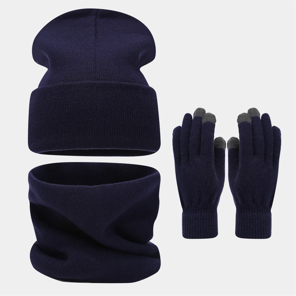 New Fashion Adult Winter Outfit Solid-color Beanie Hat Scarf And Gloves Sets Outdoor Warm Knitted Hat Set