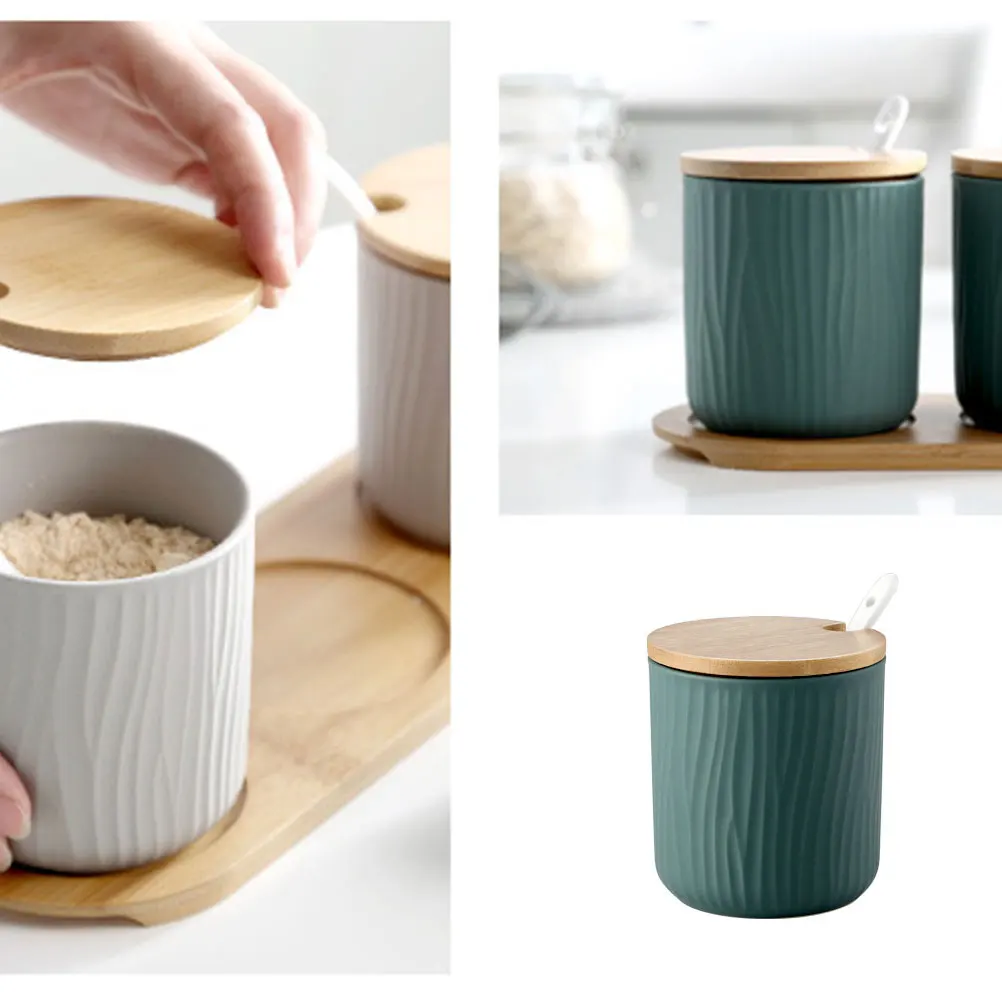 

9 .5x28.5cm Labels Seasoning Jar Set Spice Salt Container with Cover Green Wooden Condiment Pots