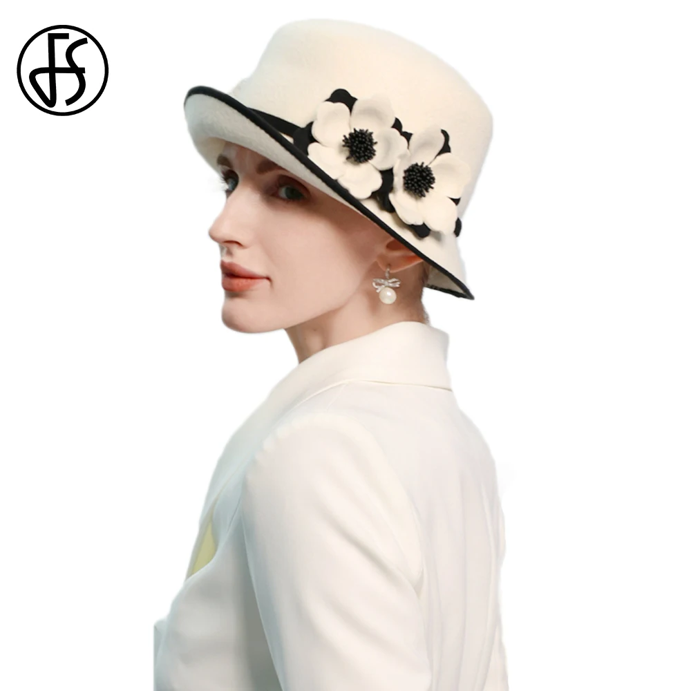 

FS Black White Bowler Hats For Women Winter Wool Fascinators Hat Vintage Curl Brim Fedoras Cap With Flower Sombrero Mujer 2026