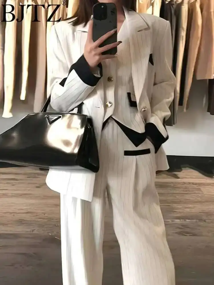 BJTZ 2025 Nieuwe Lente En Herfst Mode Temperament Single Breasted Jasje Hoge Taille Broek Set Voor Vrouwen